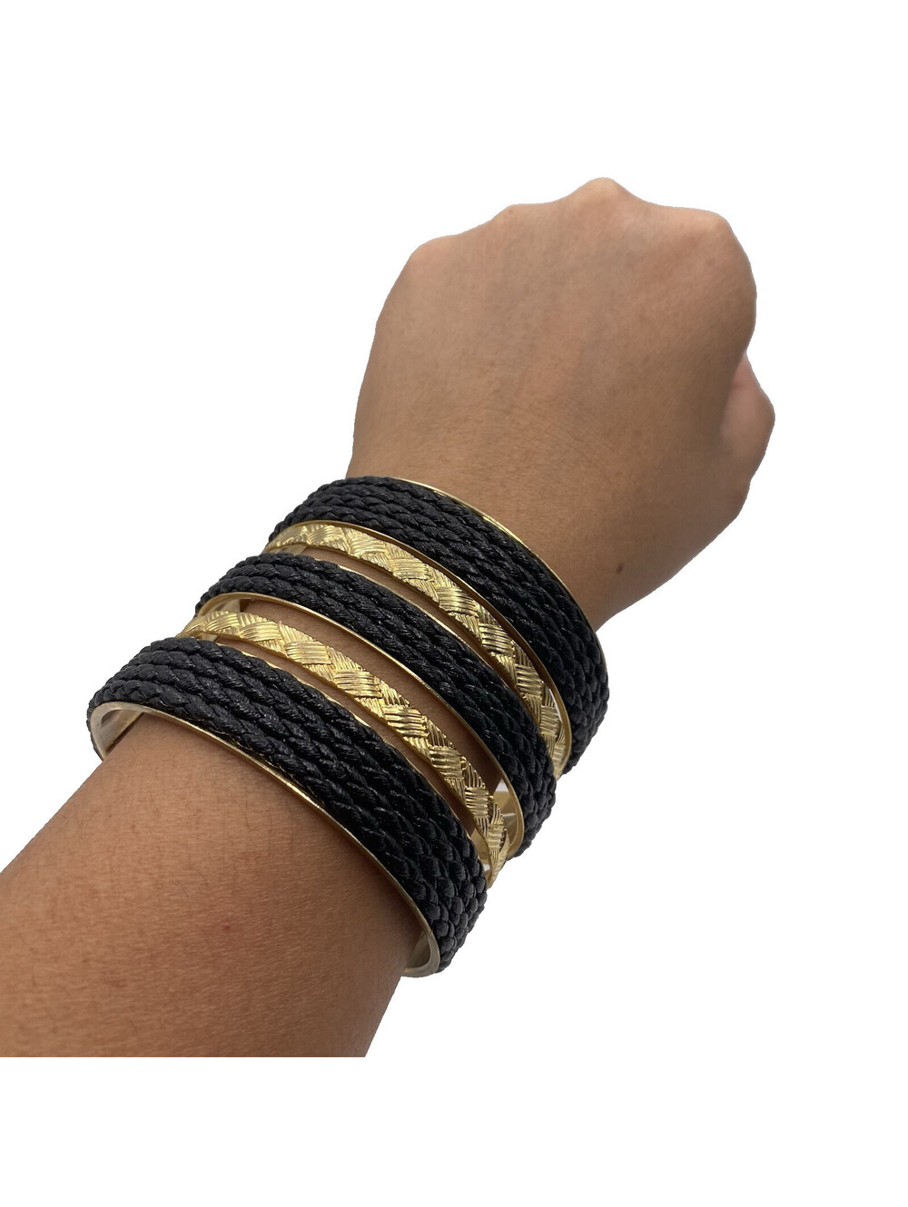 Gold-Tone Black Chunky Cuff Bracelet Braided Textured Statement Oversized Size 8